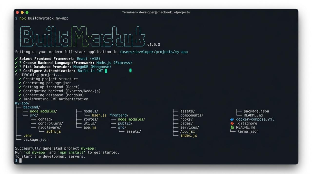 Published buildmystack CLI to npm registry for automated full-stack scaffolding